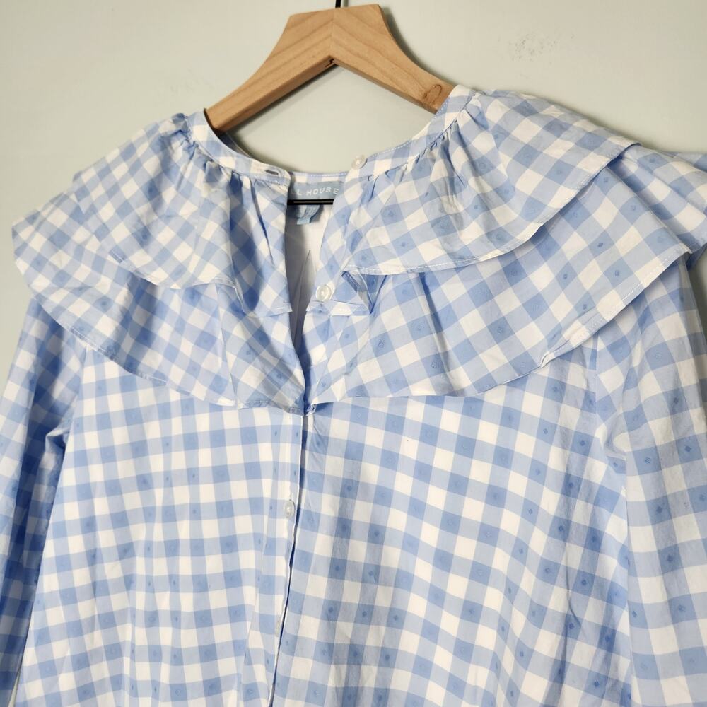 Hill House Colette Blue Jacquard Check Ruffle Long Sleeve Mini Dress, XS - Picture 5 of 14